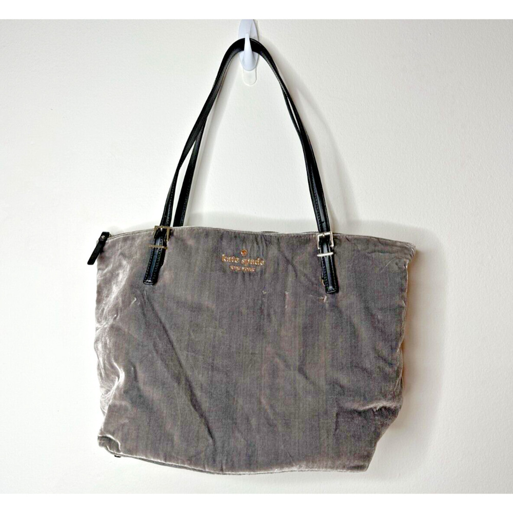 NWOT Kate Spade Dark Gray Kona Dawn Place Velvet Leather Handle Tote Bag Large